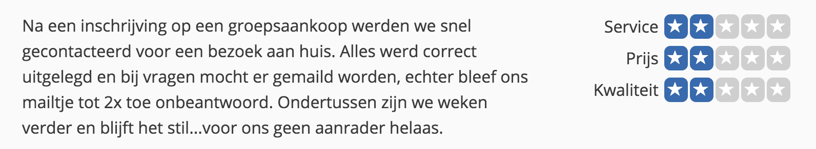 Beoordeling installateur over de groepsaankoop